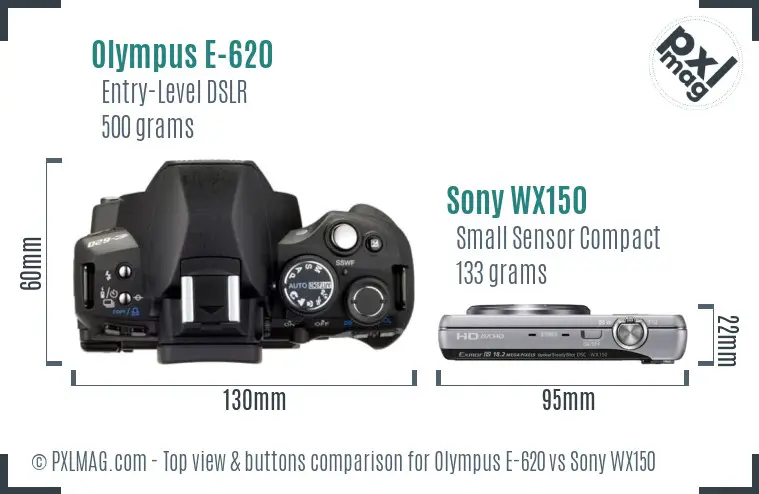 Olympus E-620 vs Sony WX150 top view buttons comparison