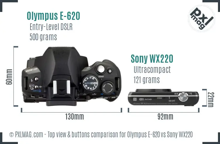 Olympus E-620 vs Sony WX220 top view buttons comparison