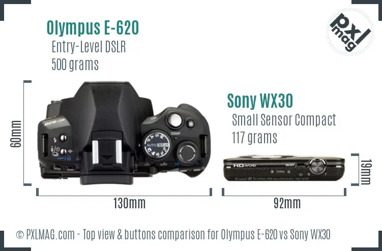 Olympus E-620 vs Sony WX30 top view buttons comparison