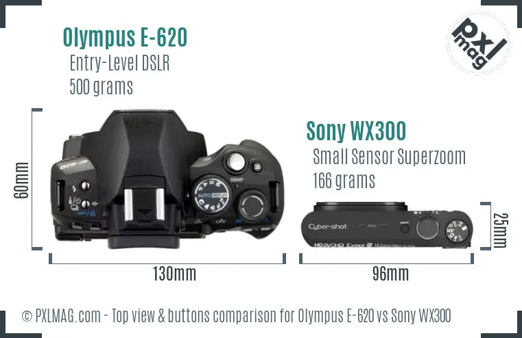 Olympus E-620 vs Sony WX300 top view buttons comparison