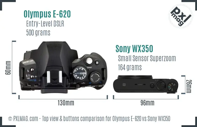 Olympus E-620 vs Sony WX350 top view buttons comparison
