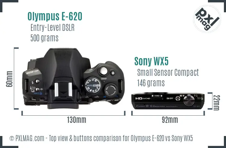 Olympus E-620 vs Sony WX5 top view buttons comparison