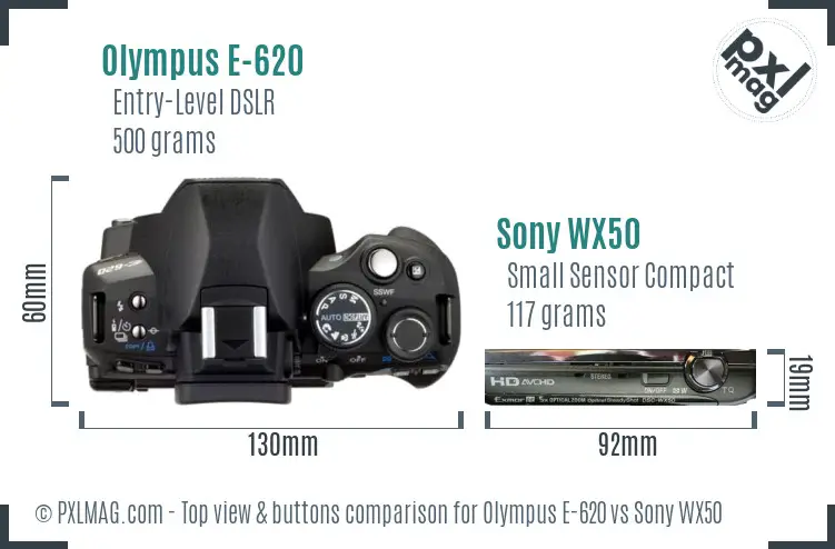 Olympus E-620 vs Sony WX50 top view buttons comparison