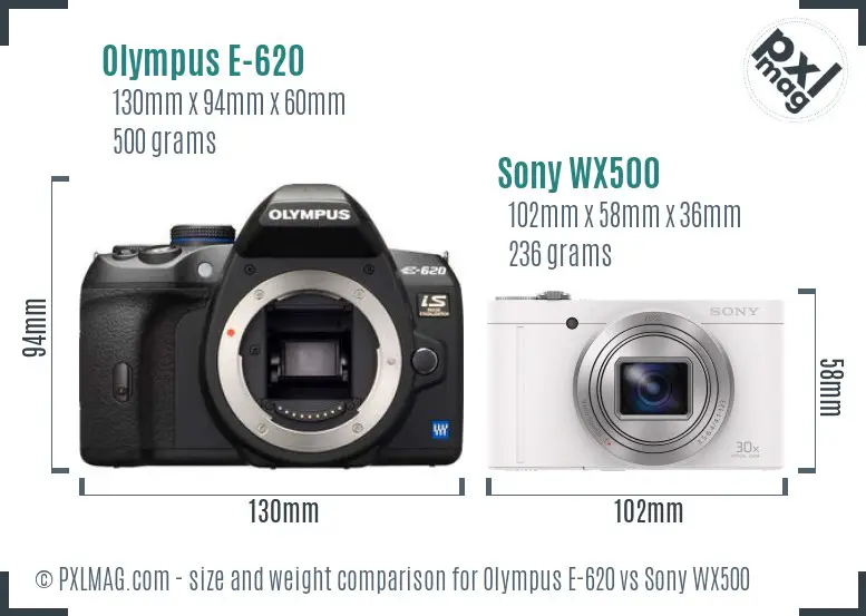 Olympus E-620 vs Sony WX500 size comparison