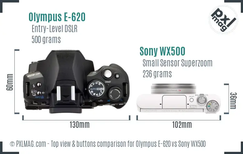 Olympus E-620 vs Sony WX500 top view buttons comparison