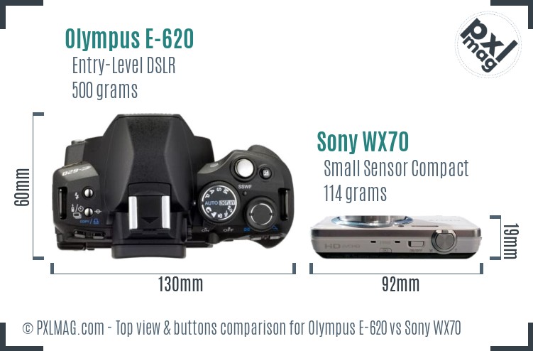 Olympus E-620 vs Sony WX70 top view buttons comparison