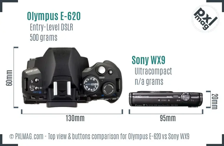 Olympus E-620 vs Sony WX9 top view buttons comparison