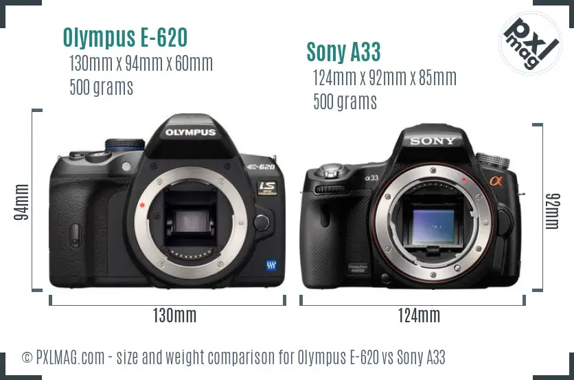 Olympus E-620 vs Sony A33 size comparison