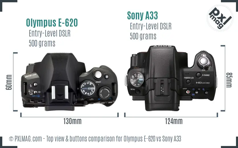 Olympus E-620 vs Sony A33 top view buttons comparison
