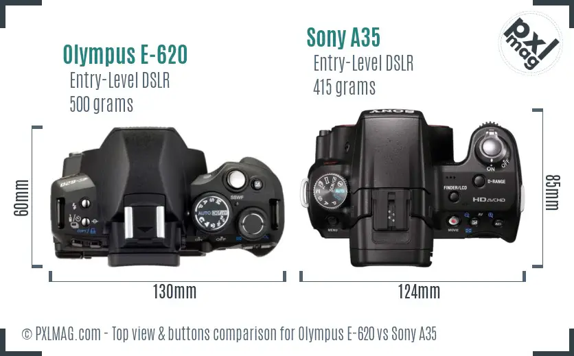 Olympus E-620 vs Sony A35 top view buttons comparison