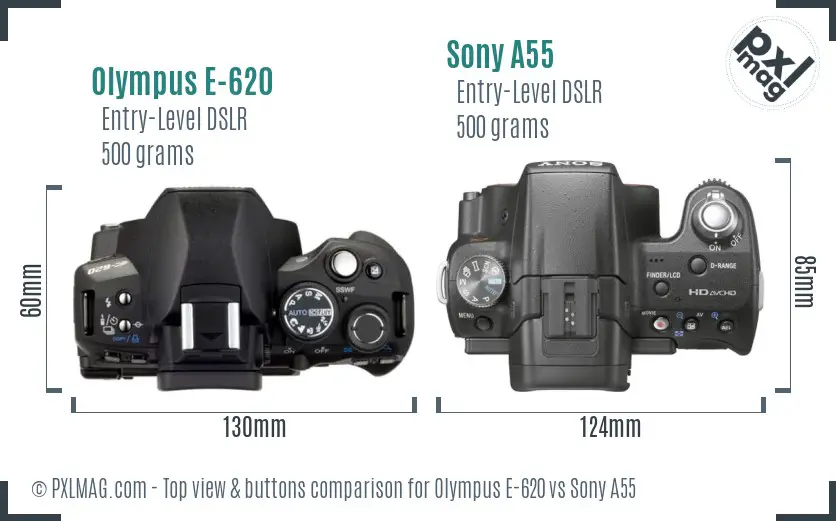 Olympus E-620 vs Sony A55 top view buttons comparison