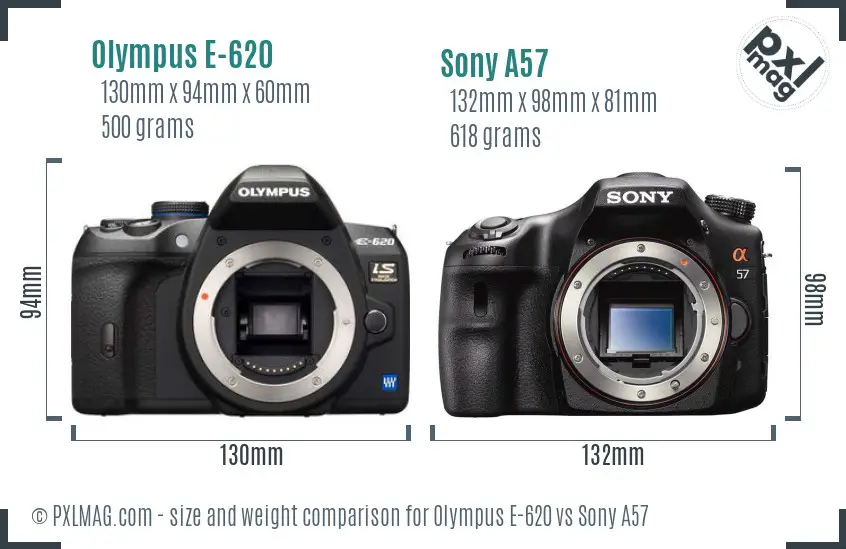 Olympus E-620 vs Sony A57 size comparison