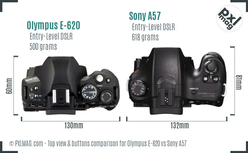 Olympus E-620 vs Sony A57 top view buttons comparison