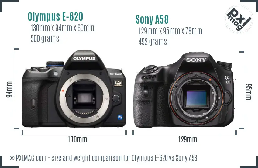 Olympus E-620 vs Sony A58 size comparison