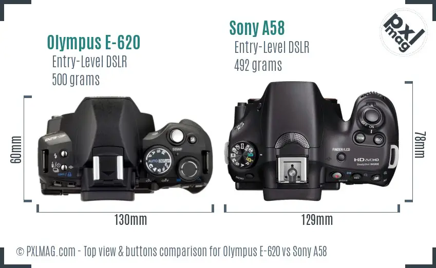 Olympus E-620 vs Sony A58 top view buttons comparison