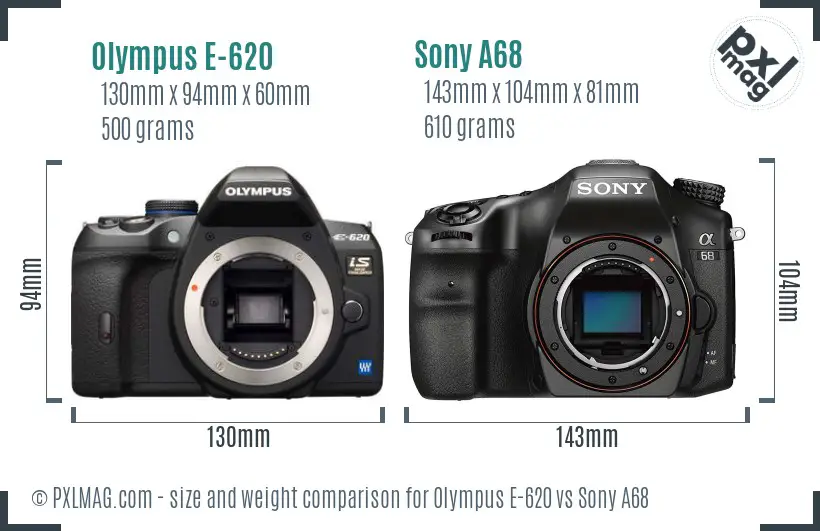 Olympus E-620 vs Sony A68 size comparison
