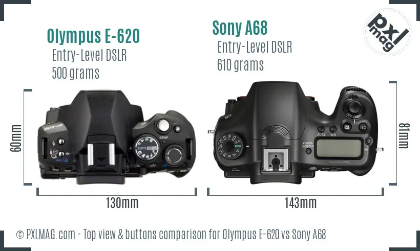 Olympus E-620 vs Sony A68 top view buttons comparison