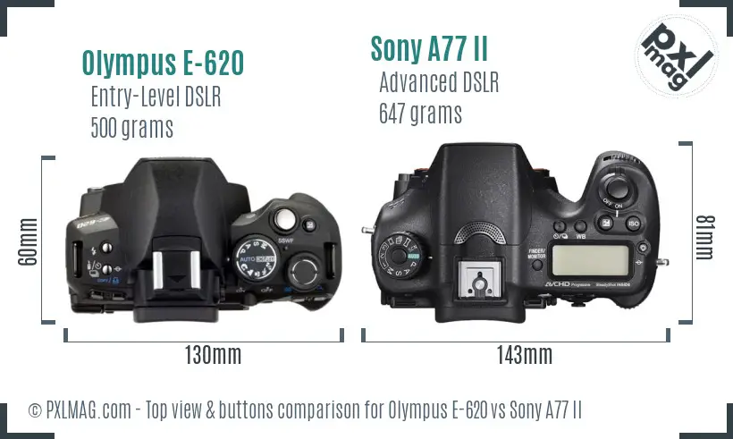 Olympus E-620 vs Sony A77 II top view buttons comparison