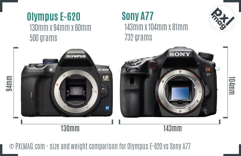 Olympus E-620 vs Sony A77 size comparison