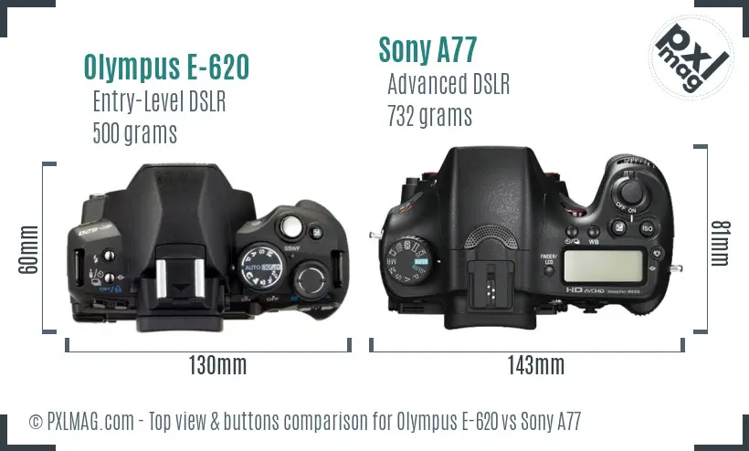 Olympus E-620 vs Sony A77 top view buttons comparison