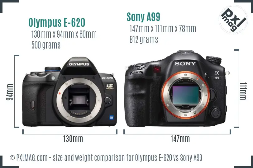 Olympus E-620 vs Sony A99 size comparison