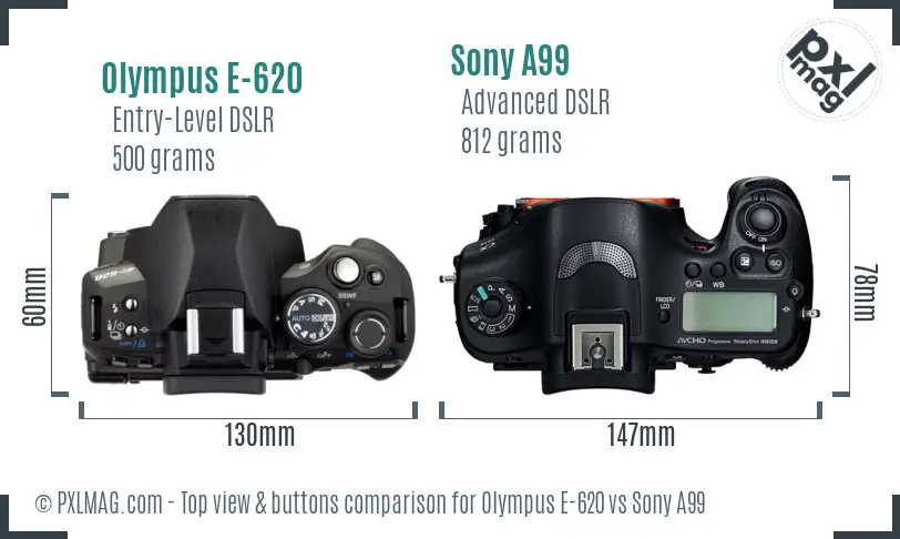 Olympus E-620 vs Sony A99 top view buttons comparison