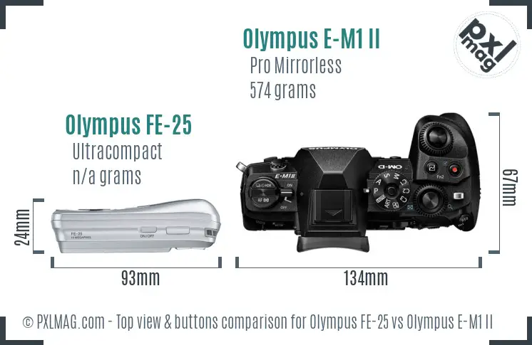 Olympus FE-25 vs Olympus E-M1 II top view buttons comparison