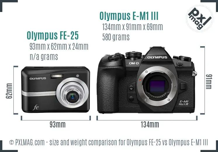 Olympus FE-25 vs Olympus E-M1 III size comparison
