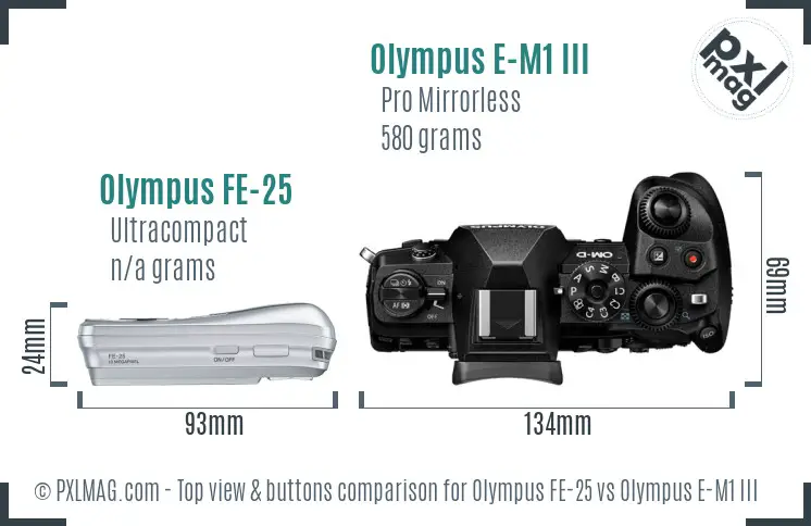 Olympus FE-25 vs Olympus E-M1 III top view buttons comparison