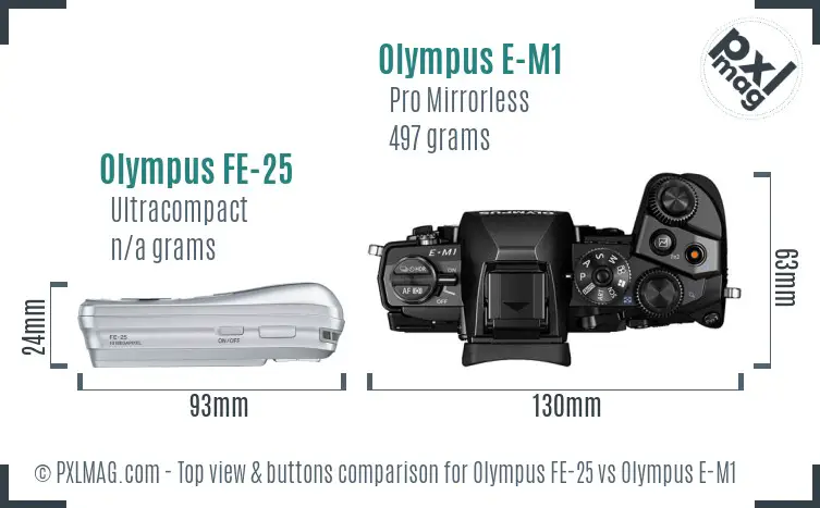 Olympus FE-25 vs Olympus E-M1 top view buttons comparison