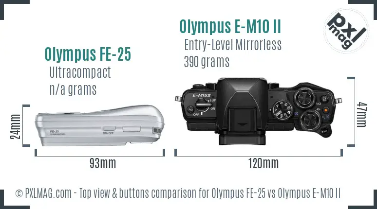 Olympus FE-25 vs Olympus E-M10 II top view buttons comparison