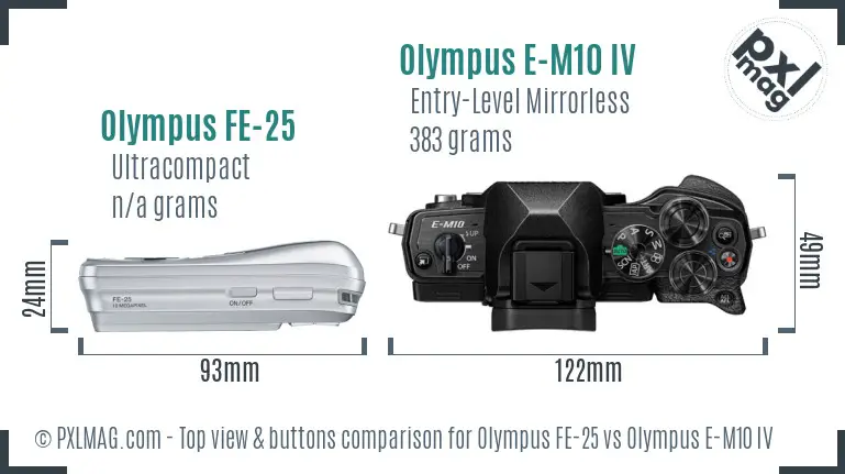 Olympus FE-25 vs Olympus E-M10 IV top view buttons comparison