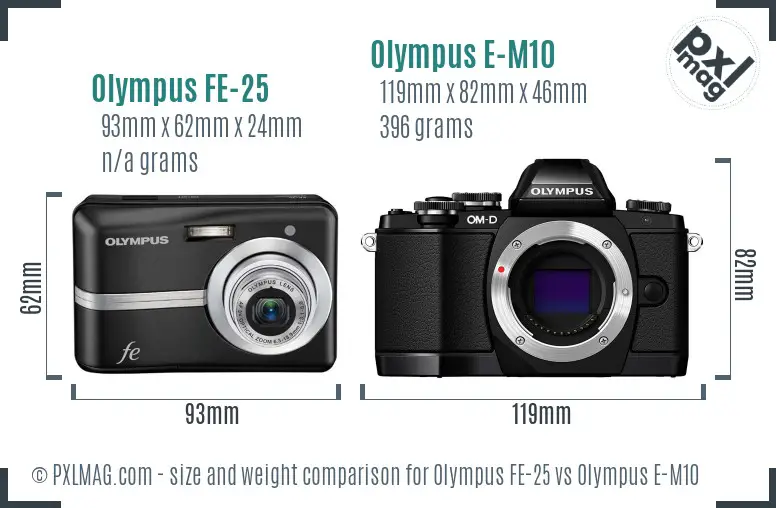 Olympus FE-25 vs Olympus E-M10 size comparison