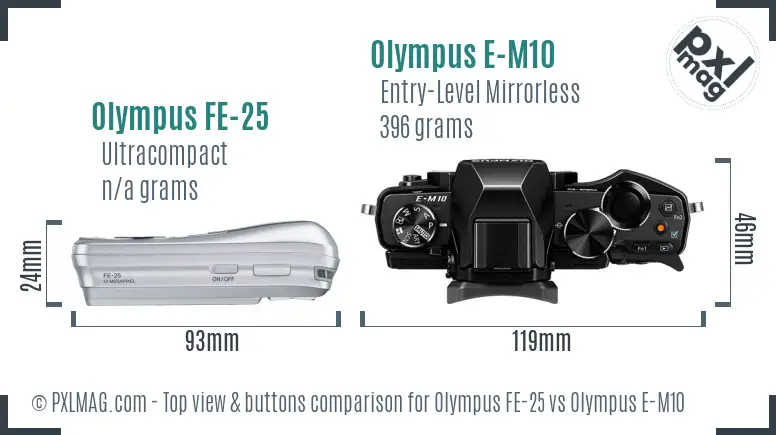 Olympus FE-25 vs Olympus E-M10 top view buttons comparison