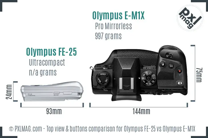 Olympus FE-25 vs Olympus E-M1X top view buttons comparison