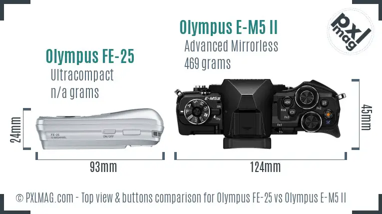 Olympus FE-25 vs Olympus E-M5 II top view buttons comparison