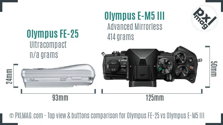 Olympus FE-25 vs Olympus E-M5 III top view buttons comparison