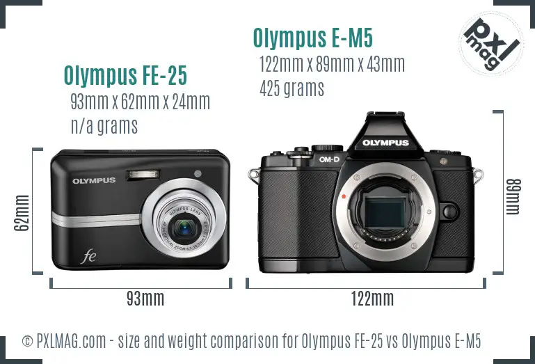 Olympus FE-25 vs Olympus E-M5 size comparison
