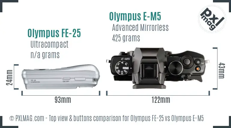 Olympus FE-25 vs Olympus E-M5 top view buttons comparison