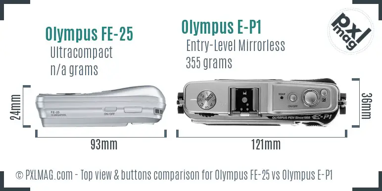 Olympus FE-25 vs Olympus E-P1 top view buttons comparison