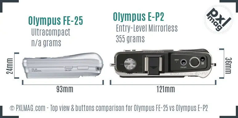 Olympus FE-25 vs Olympus E-P2 top view buttons comparison