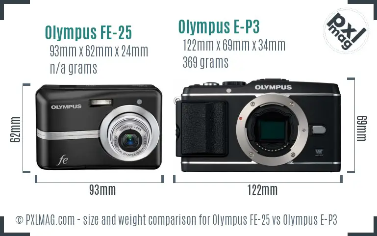 Olympus FE-25 vs Olympus E-P3 size comparison