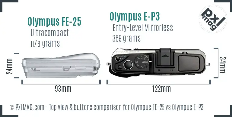 Olympus FE-25 vs Olympus E-P3 top view buttons comparison