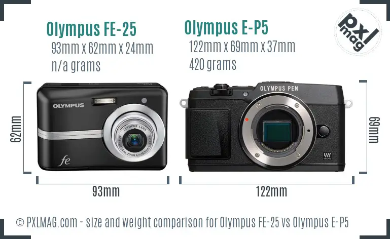 Olympus FE-25 vs Olympus E-P5 size comparison