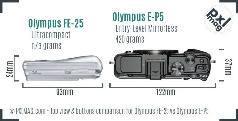 Olympus FE-25 vs Olympus E-P5 top view buttons comparison