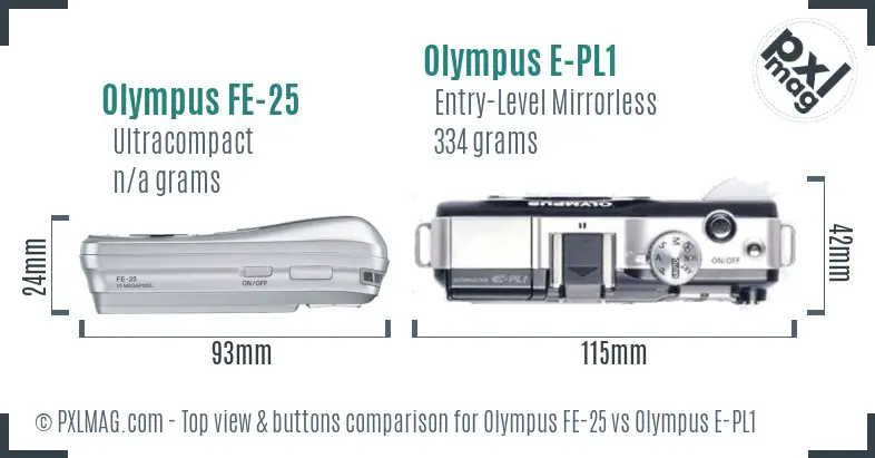 Olympus FE-25 vs Olympus E-PL1 top view buttons comparison