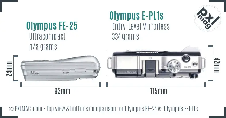 Olympus FE-25 vs Olympus E-PL1s top view buttons comparison