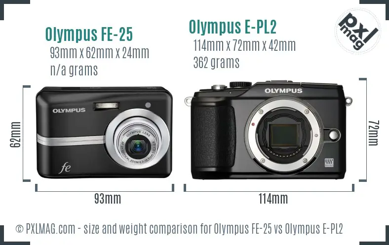 Olympus FE-25 vs Olympus E-PL2 size comparison