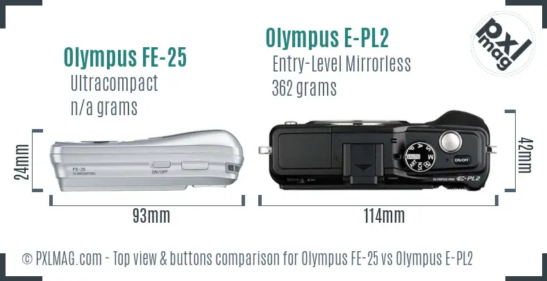Olympus FE-25 vs Olympus E-PL2 top view buttons comparison