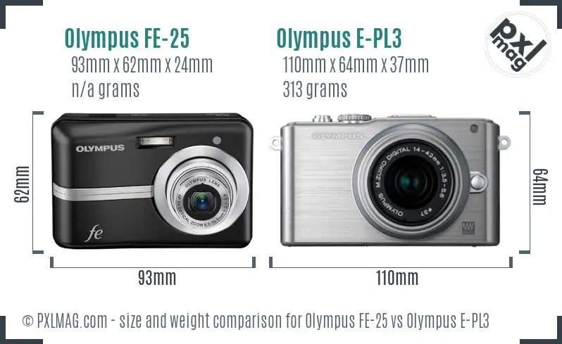 Olympus FE-25 vs Olympus E-PL3 size comparison
